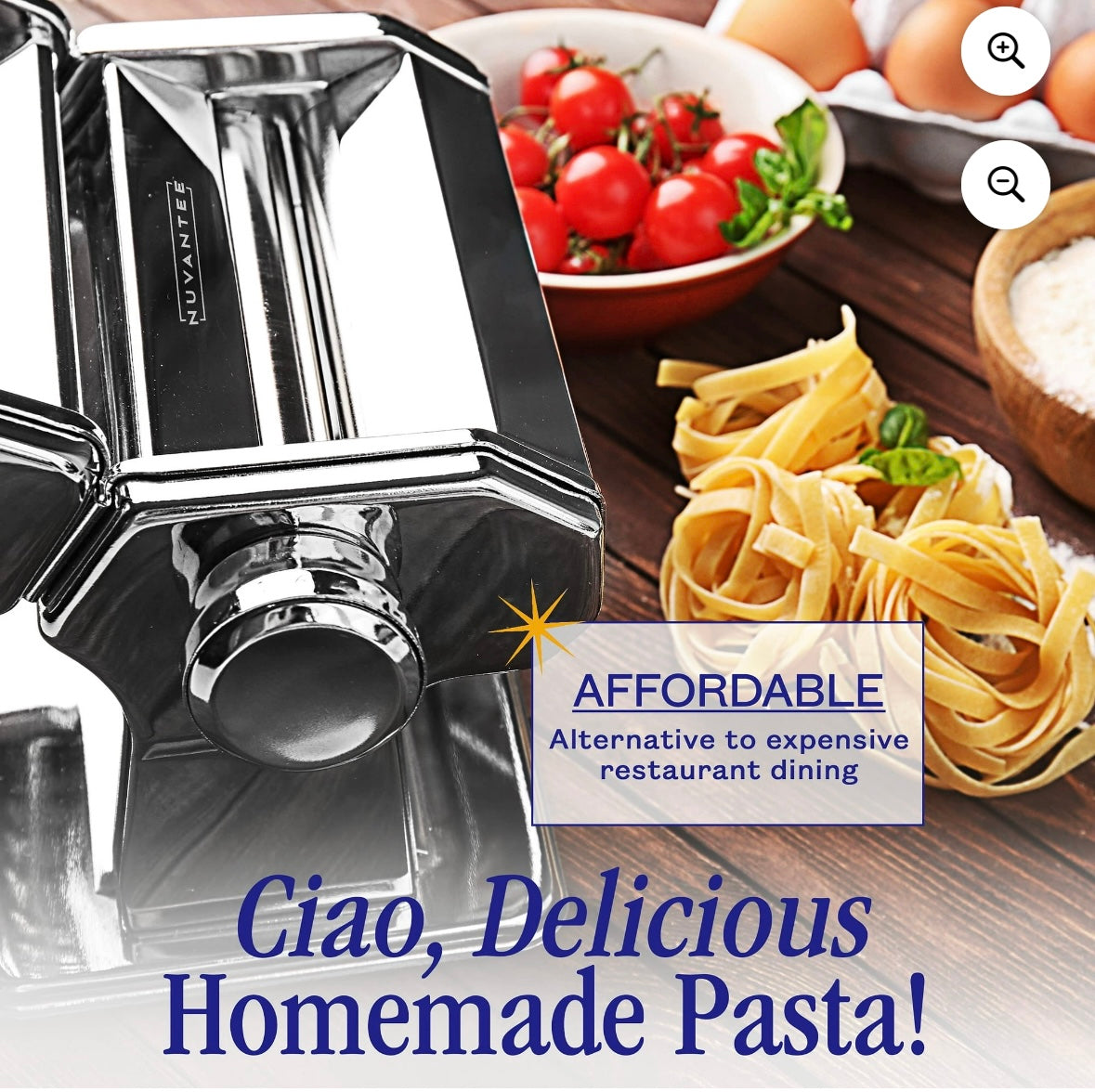 Nuvantee Stainless Steel Pasta Maker – Adjustable 7-Setting Roller | Manual Hand Crank | Silver