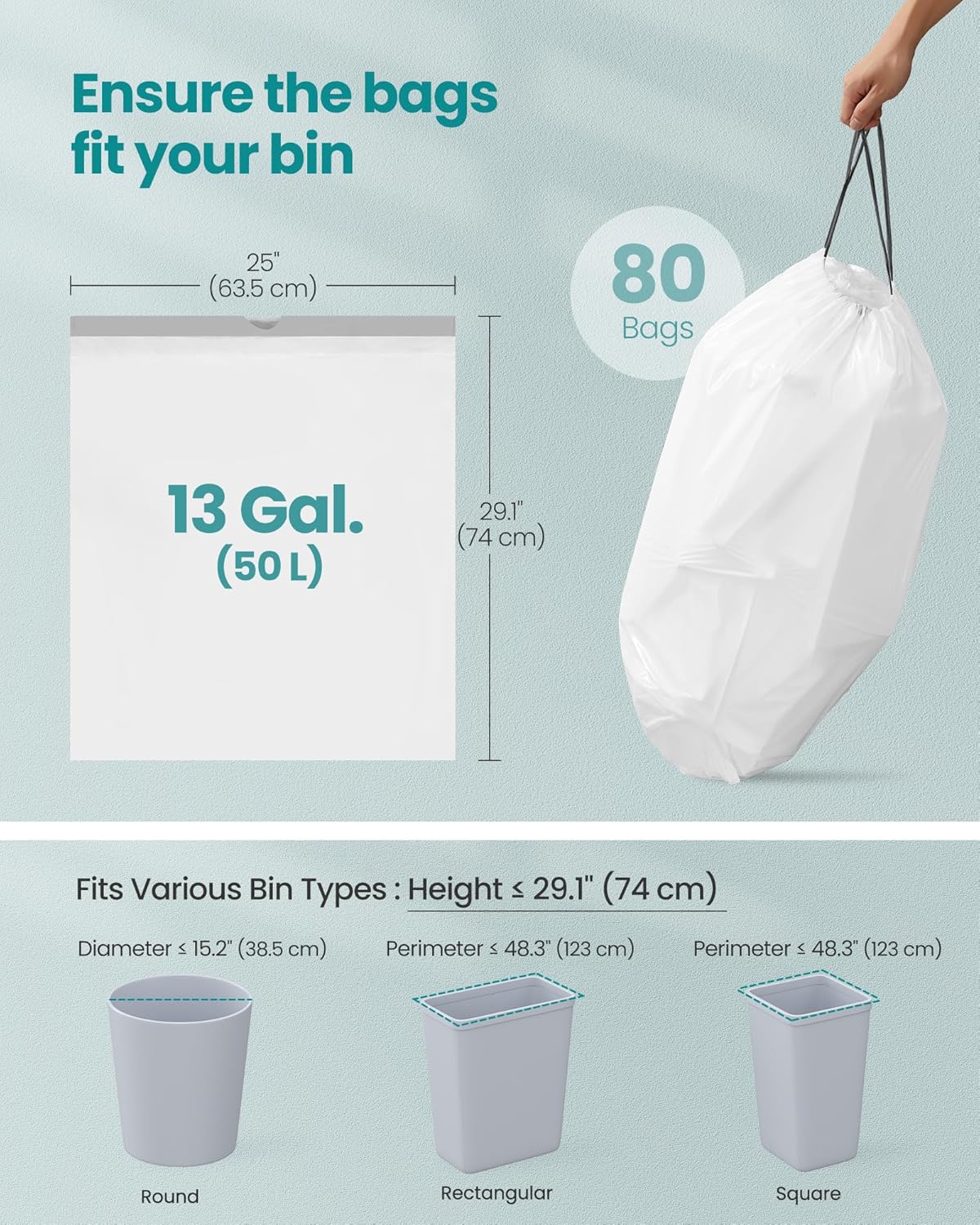 SONGMICS 13-Gallon Heavy-Duty Trash Bags – Cream White (80 Count)