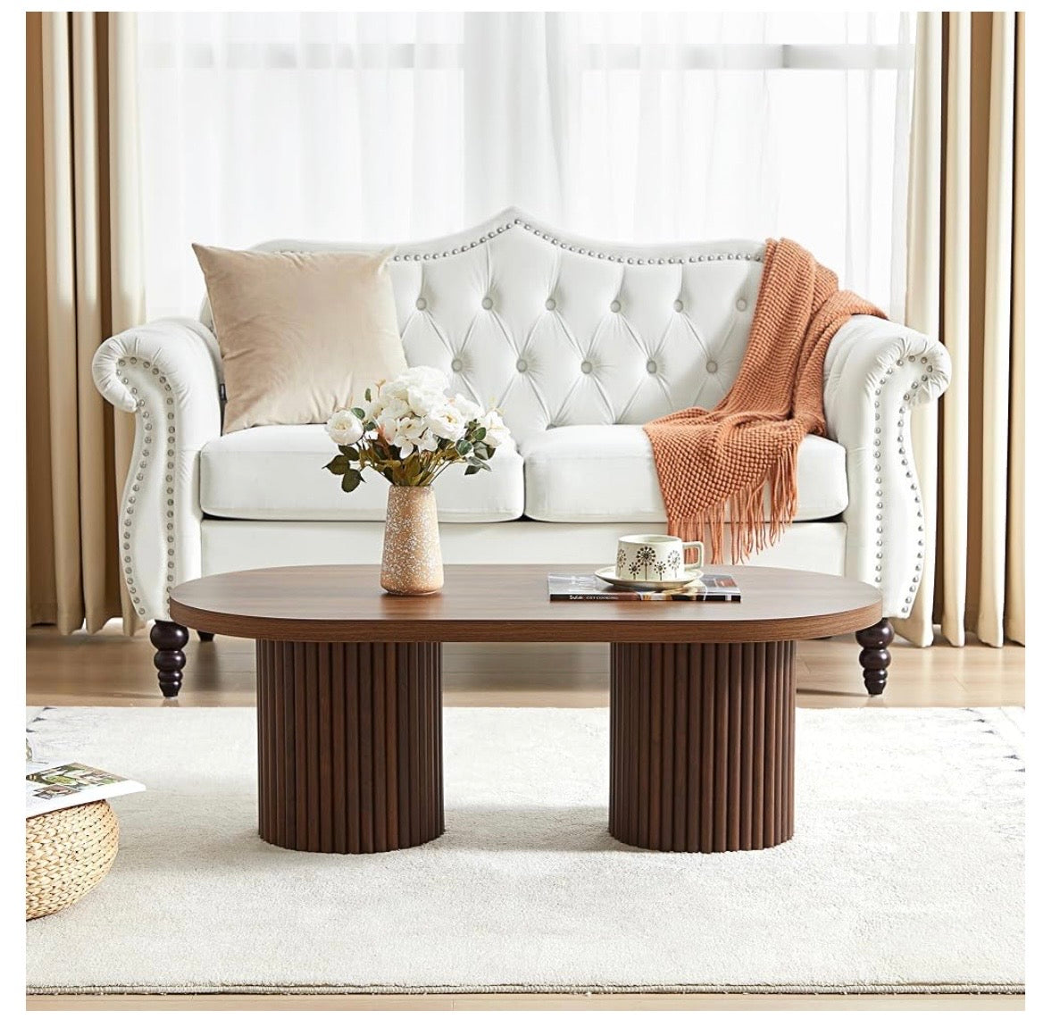 AVZEAR Fluted Oval Coffee Table – Walnut Finish