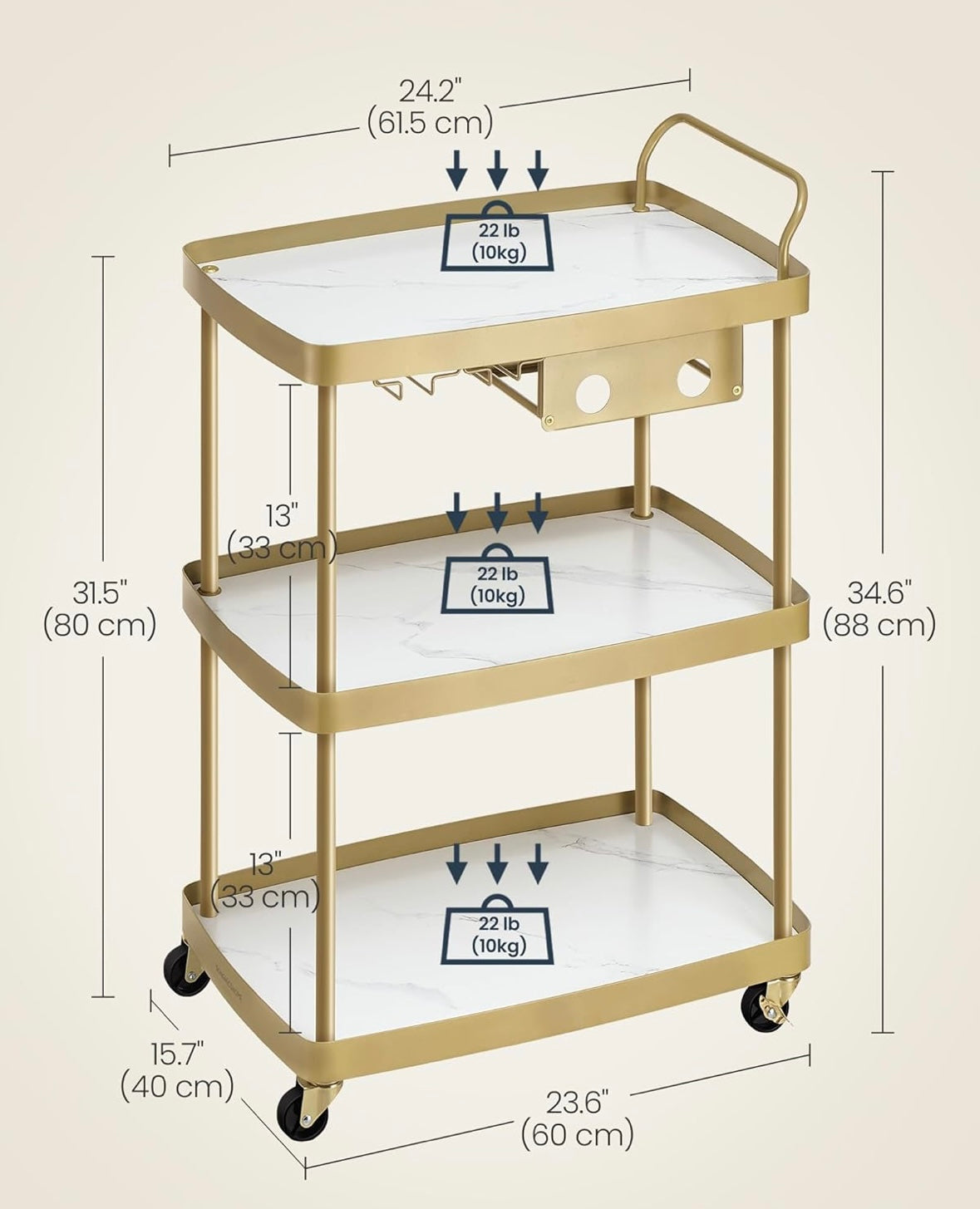 SONGMICS HOME Marble & Gold Bar Cart – 3-Tier Rolling Beverage Cart