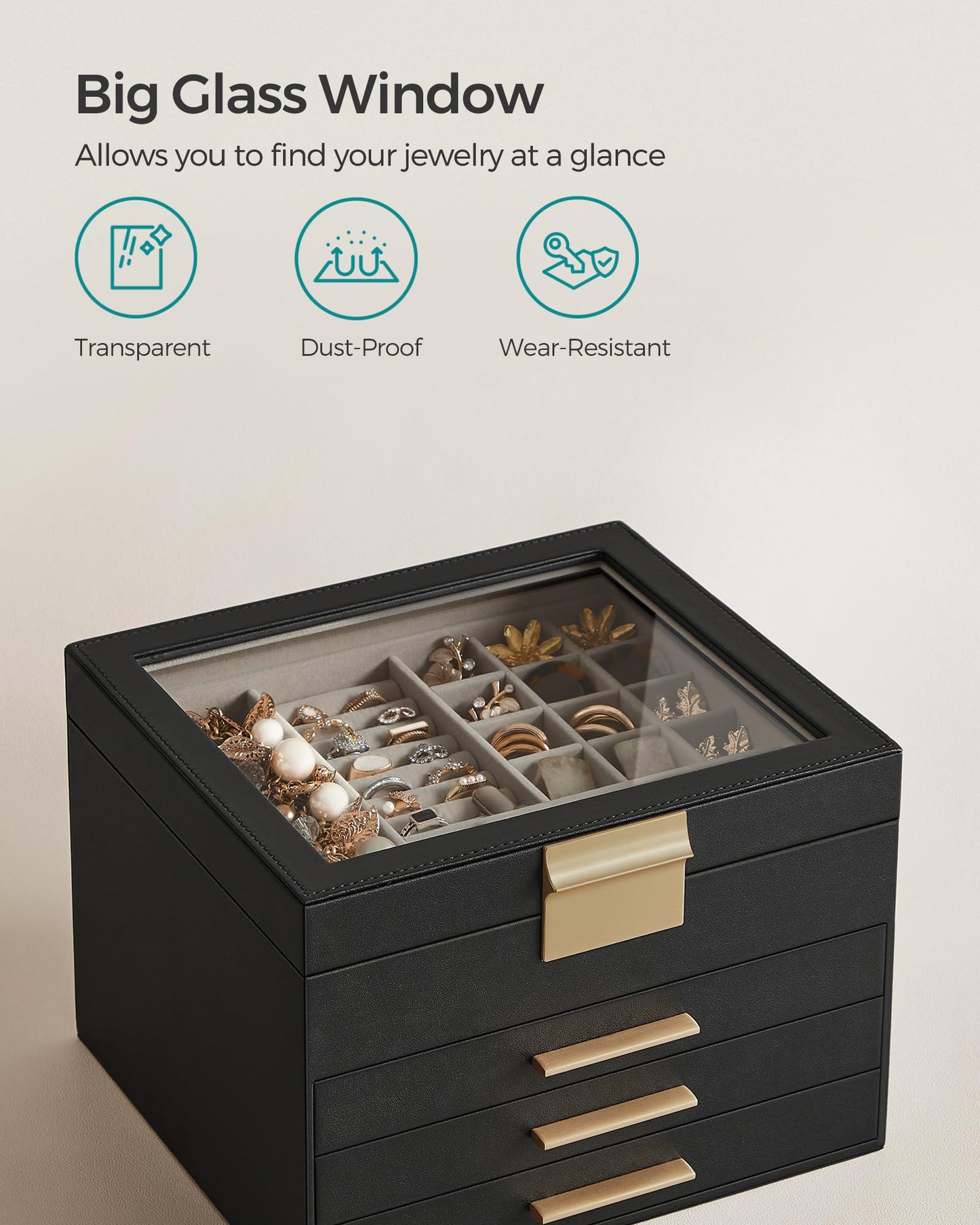 SONGMICS 4-Layer Jewelry Organizer Box – Graphite Black + Gold