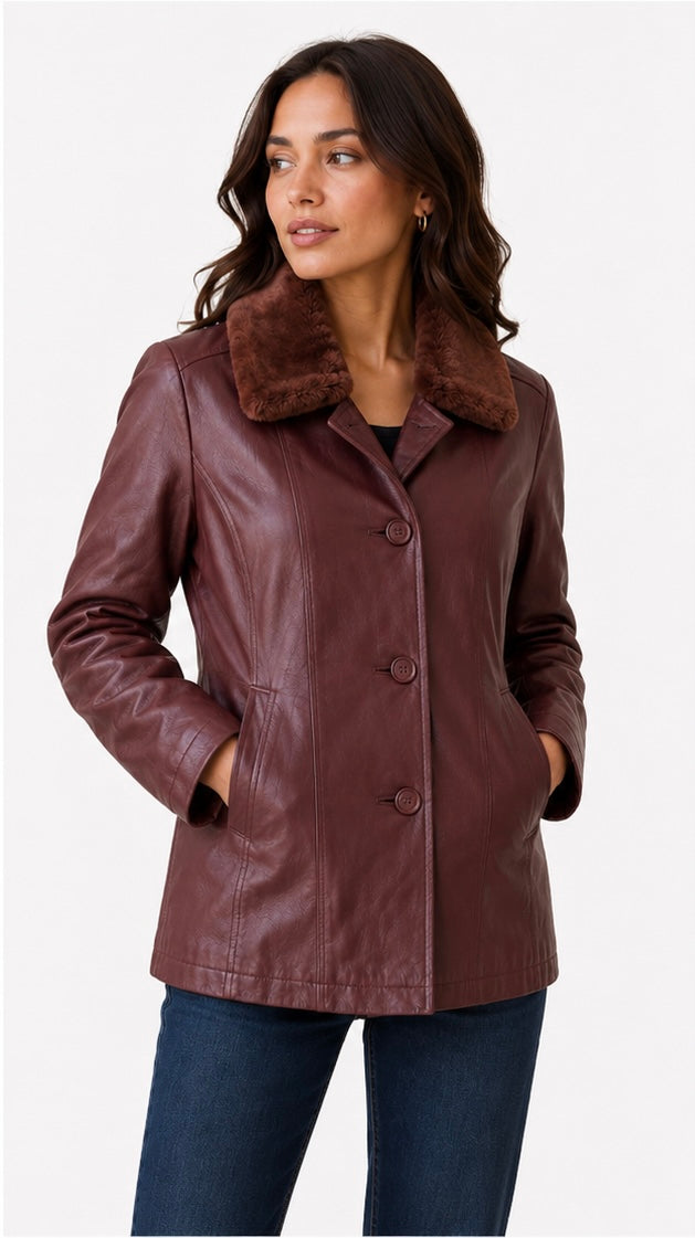 Women’s Leather Jacket with Faux Fur Collar