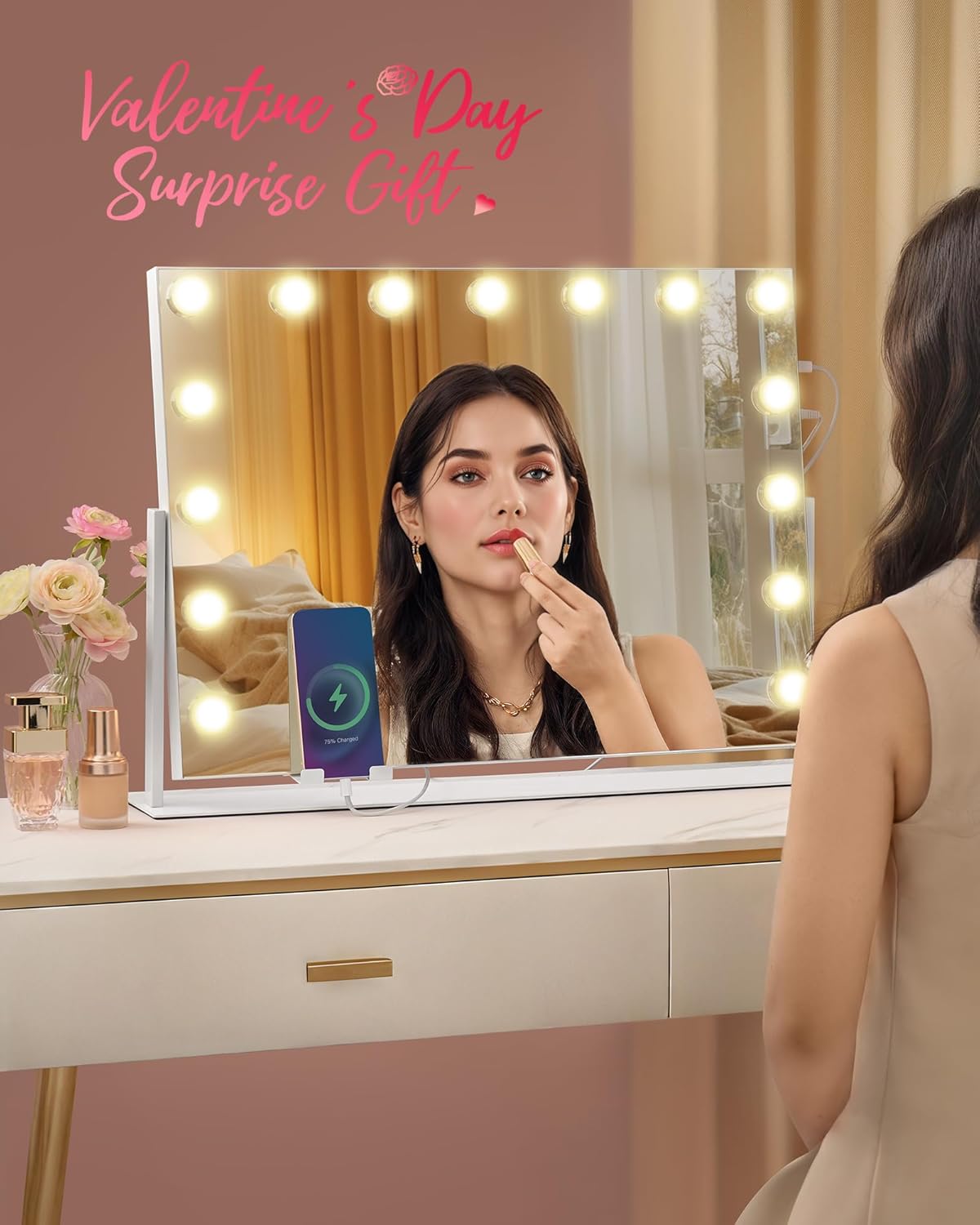 LED Vanity Mirror with Phone Holder & Charging Ports