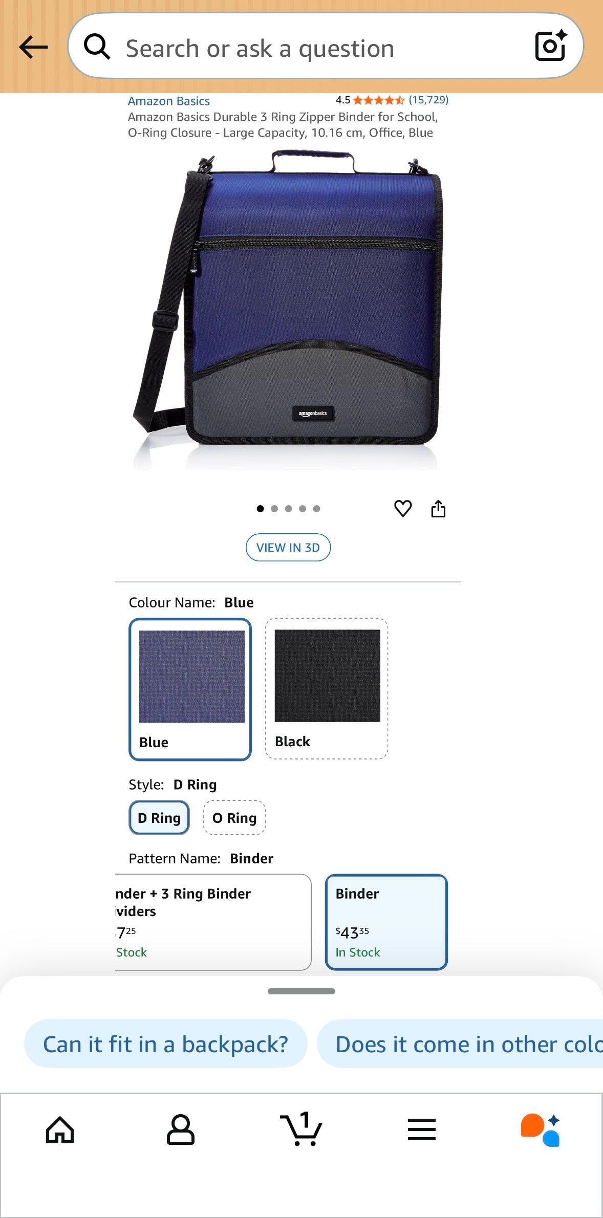 Amazon Basics Zippered 3-Ring Binder with Shoulder Strap – Blue