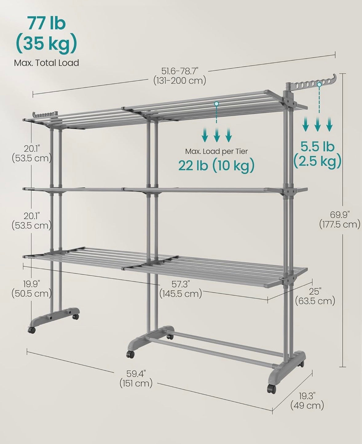 SONGMICS 4-Tier Clothes Drying Rack with Wheels – Dove Gray