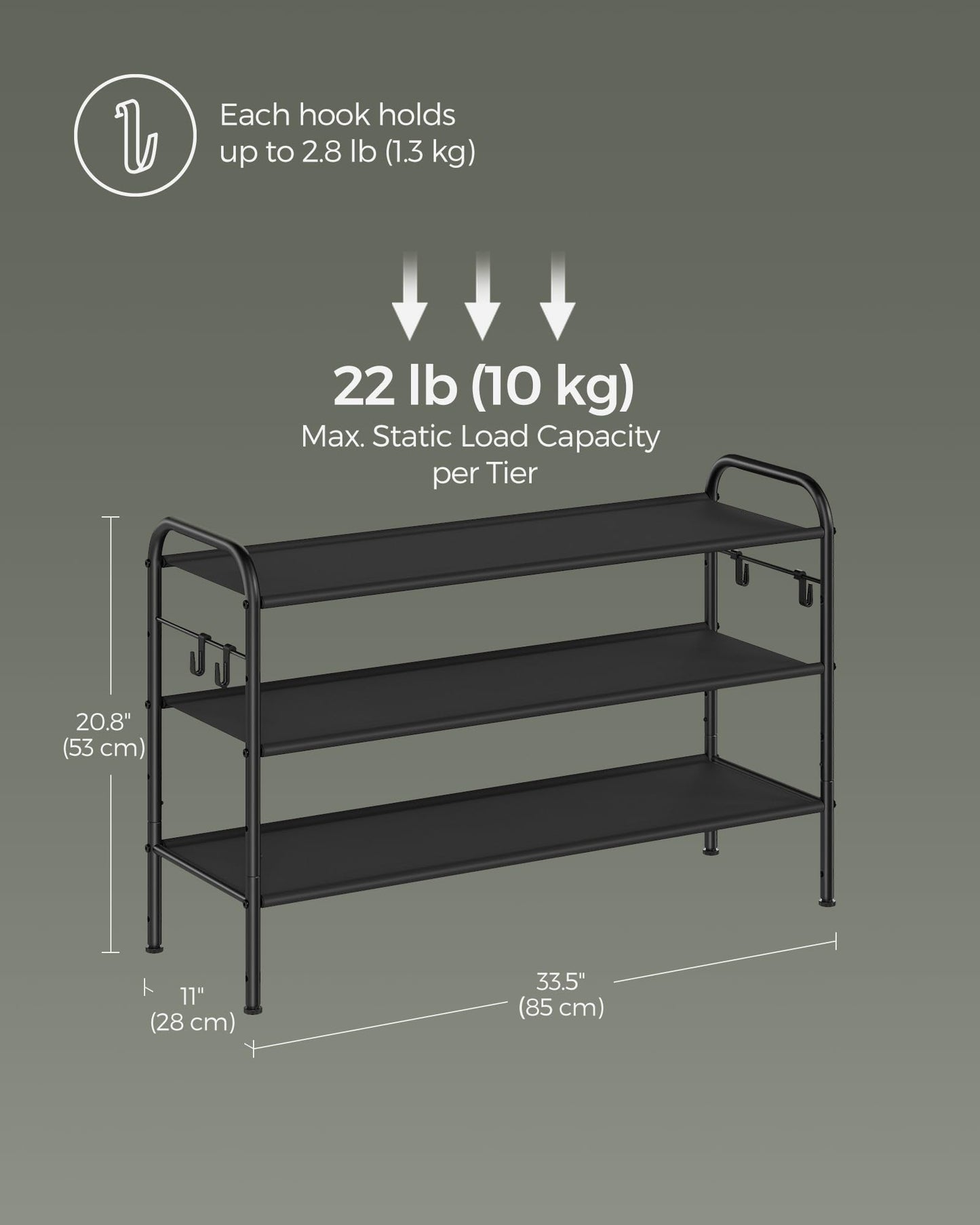 Adjustable 3-Tier Shoe Rack with Hooks