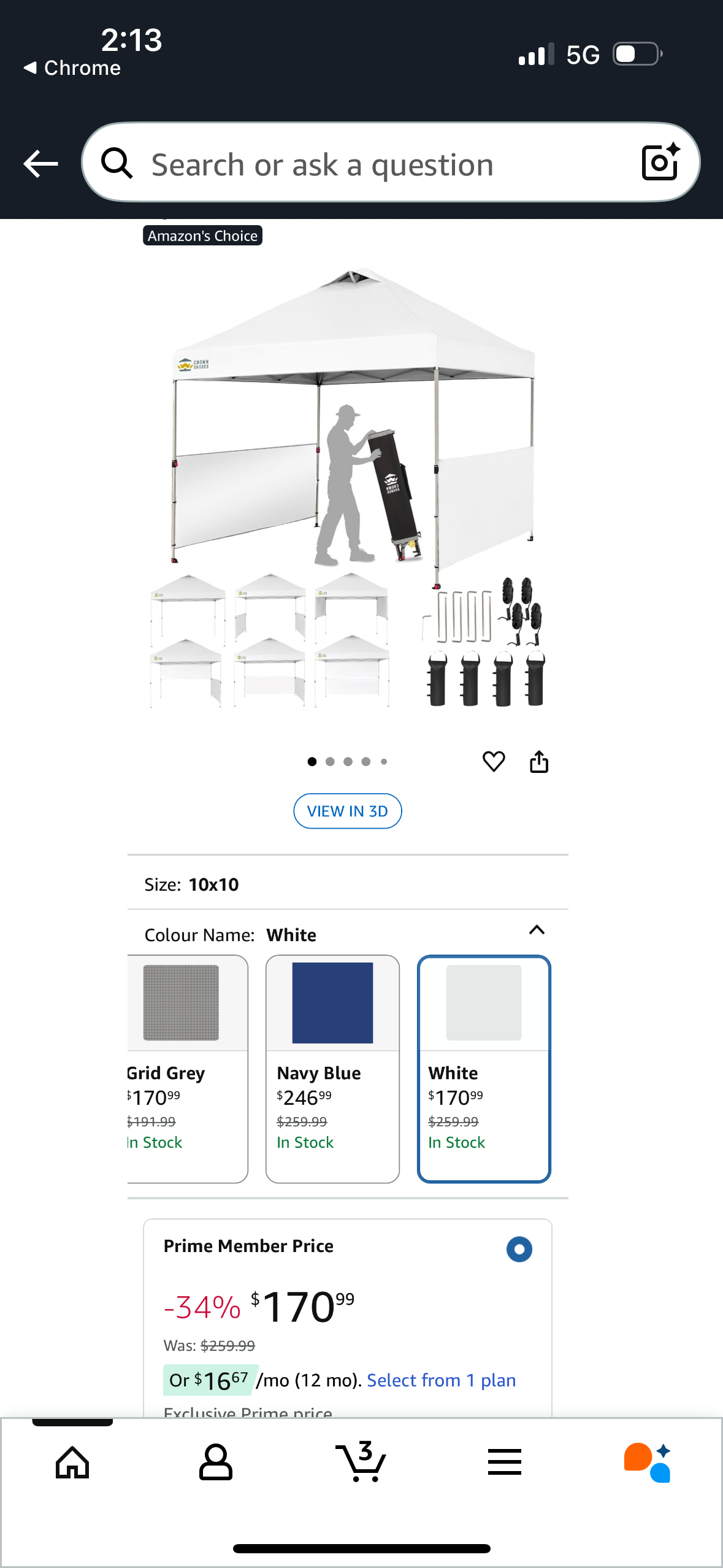 NEW – CROWN SHADES 10’ x 10’ White Pop-Up Canopy Tent with Sidewalls & Carry Bag