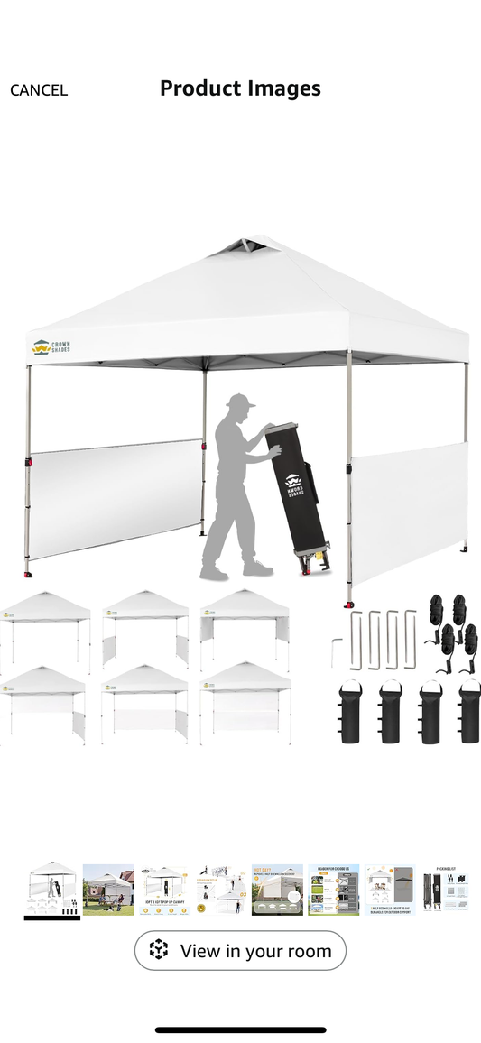 NEW – CROWN SHADES 10’ x 10’ White Pop-Up Canopy Tent with Sidewalls & Carry Bag