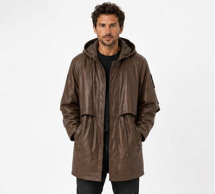Men’s Hooded Leather Parka Jacket