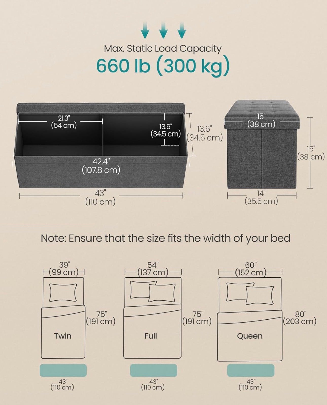 SONGMICS 110 cm Folding Storage Ottoman Bench