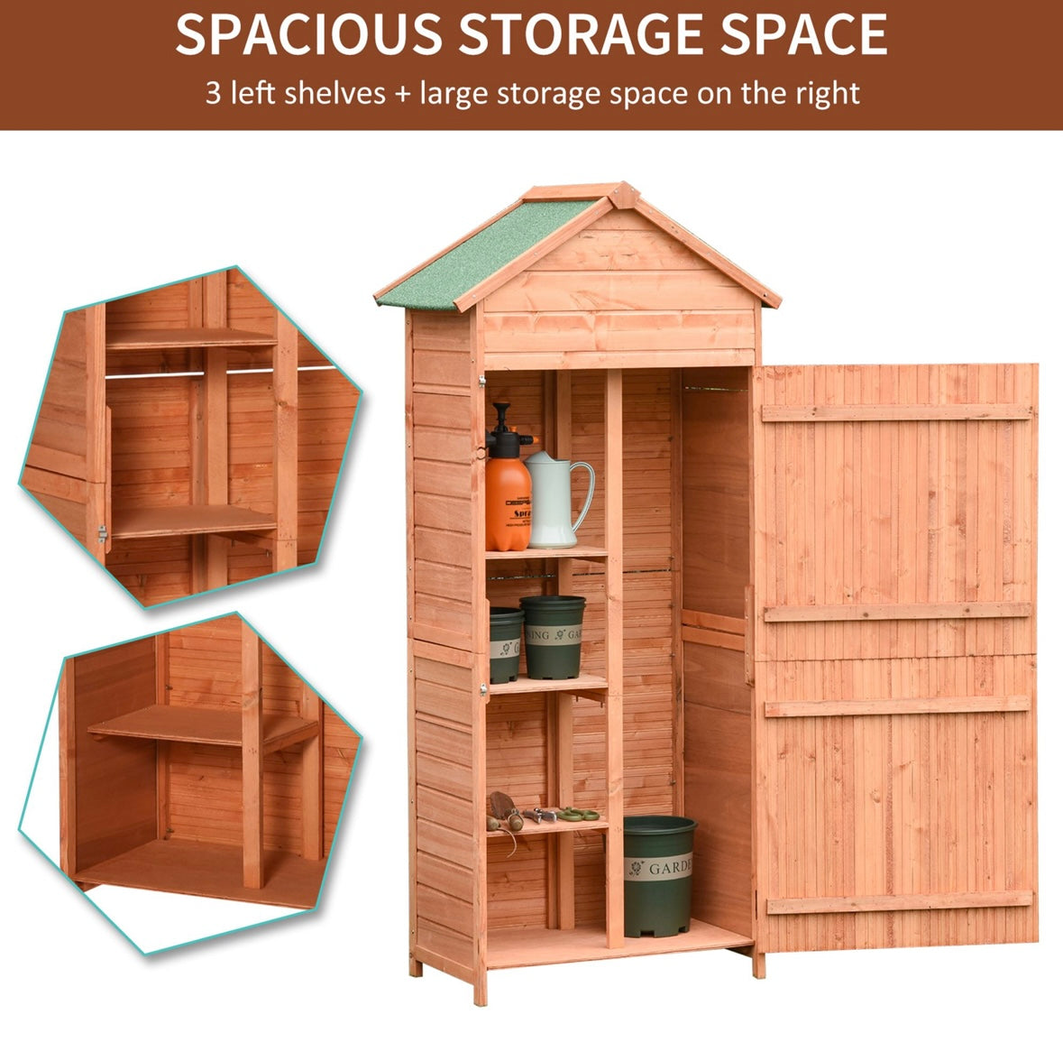 Outsunny Wooden Outdoor Storage Shed – 3 Shelves | Waterproof Fir Wood | Lockable Double Doors | Natural Finish