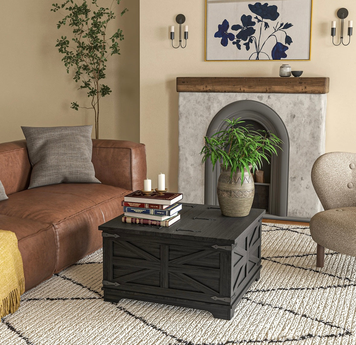 Farmhouse Lift-Top Coffee Table with Hidden Storage – Rustic Square Center Table with Flip-Top Design