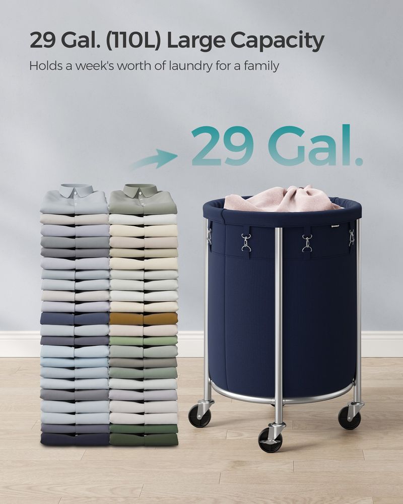 Rolling Laundry Hamper with Casters – Charcoal Blue & Metallic Silver