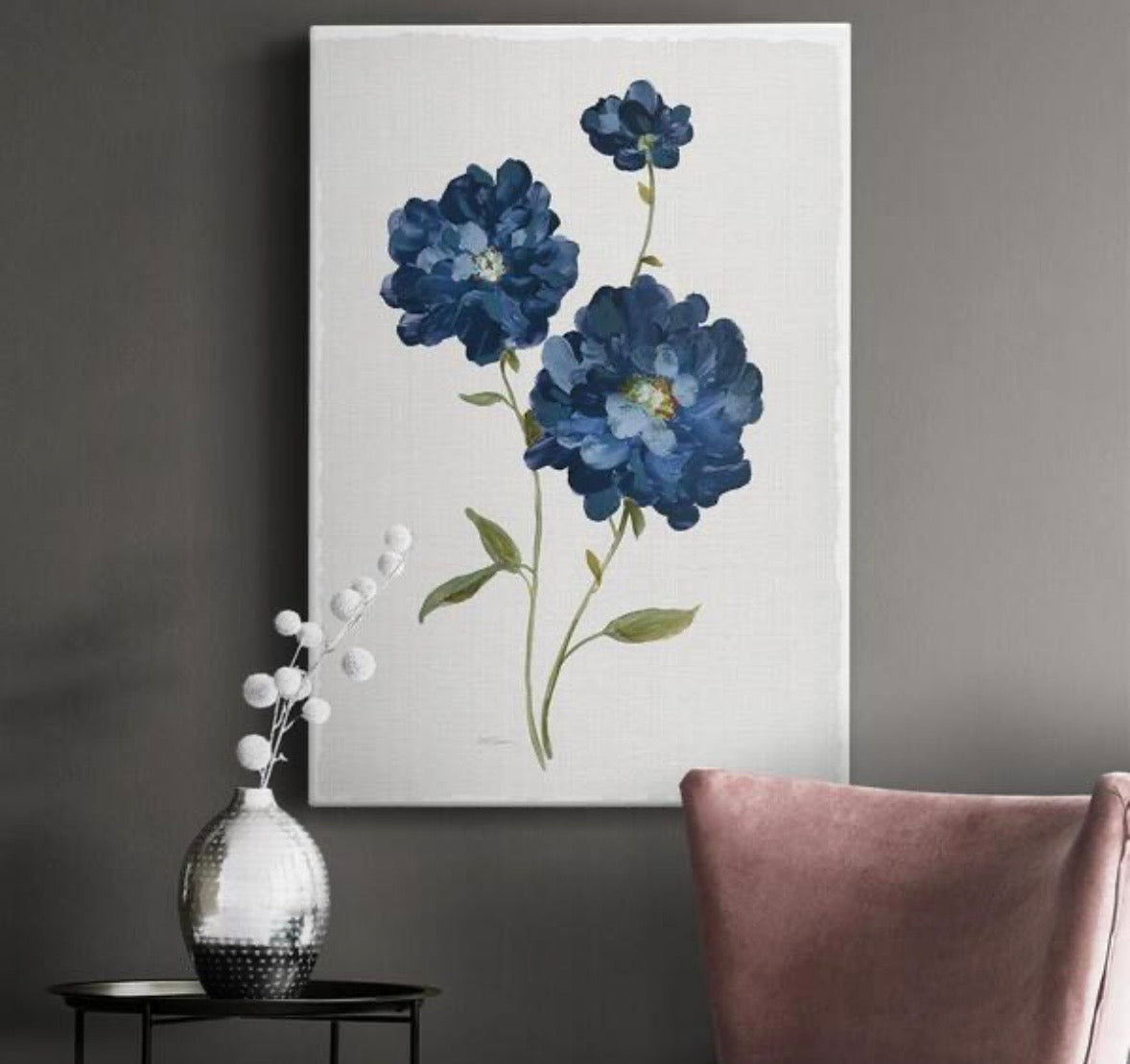 Blue Mums Floral Canvas Wall Art – Green Wood Frame (Set of 2)
