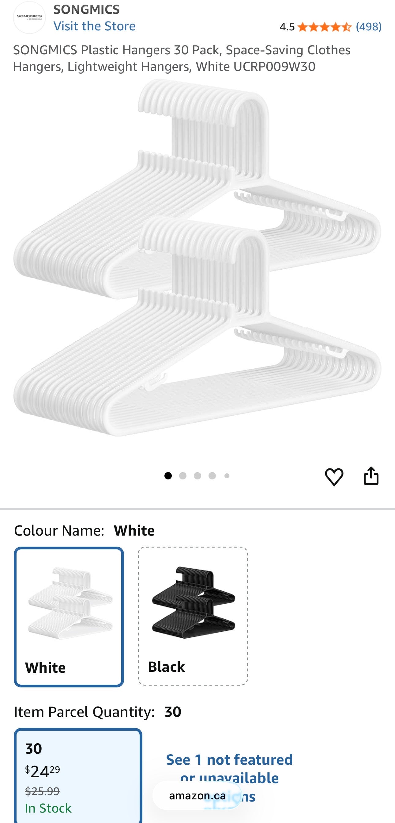 SONGMICS Slim Plastic Clothes Hangers – White (30-Pack)