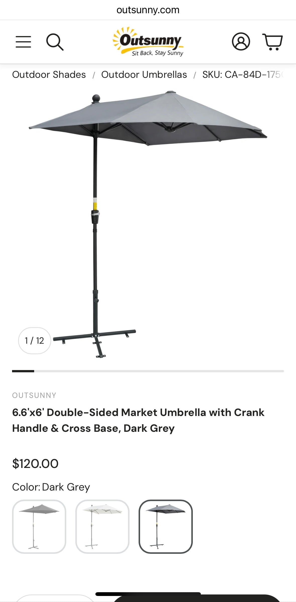 Outsunny Half Patio Umbrella — Wall-Mounted Design with Double-Sided Canopy & Crank Handle (Dark Grey)