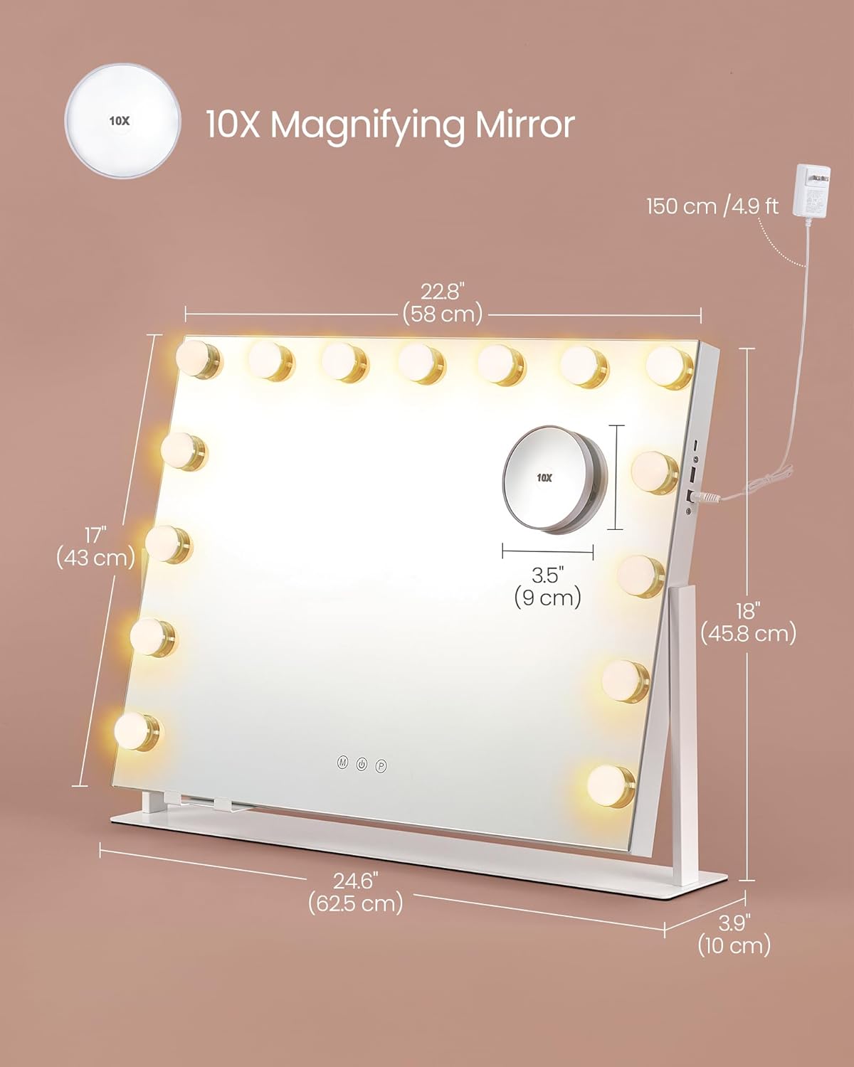 LED Vanity Mirror with Phone Holder & Charging Ports