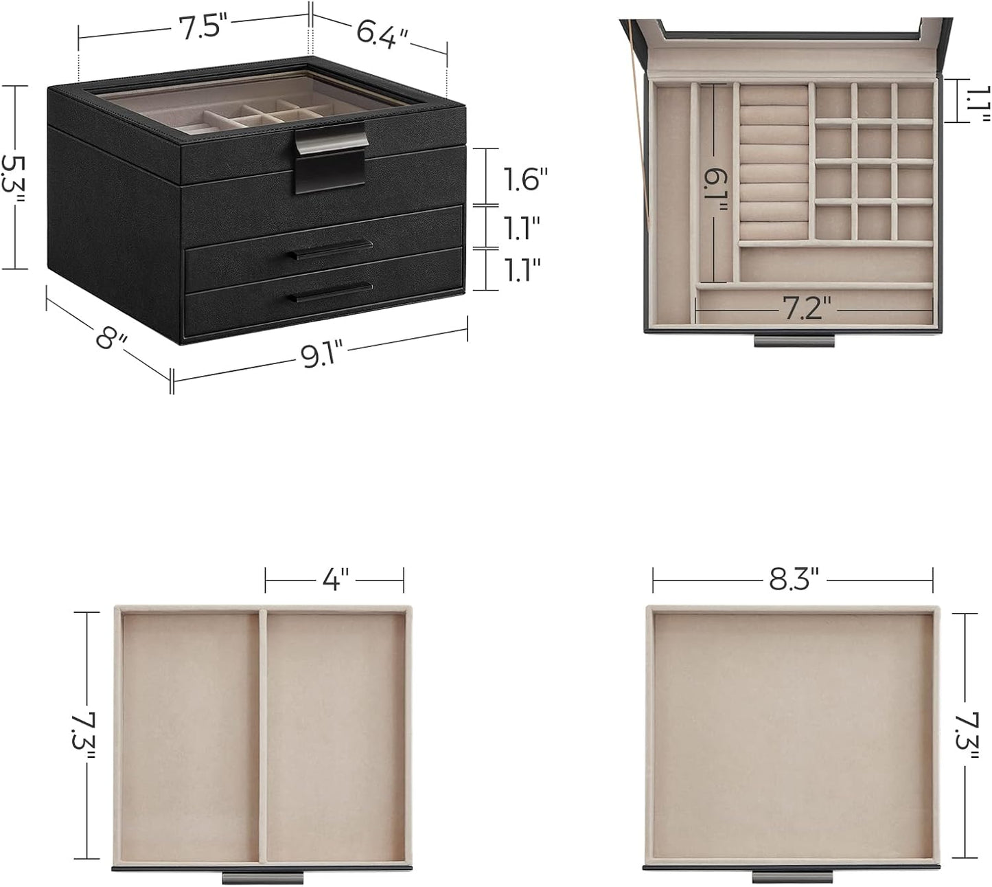 SONGMICS GISELLA 3-Layer Jewelry Box – Ink Black + Silver