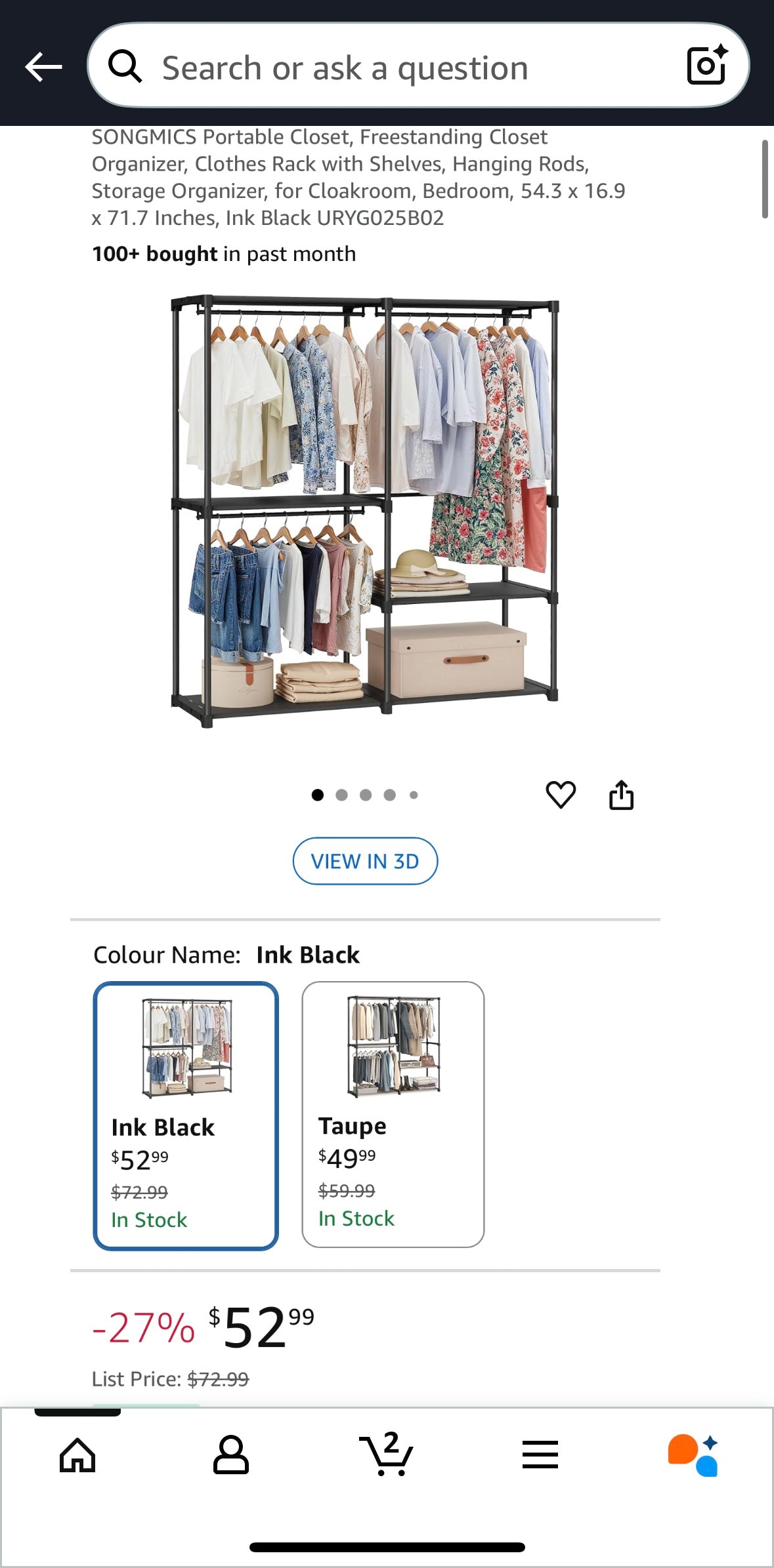 SONGMICS Large Portable Closet Organizer – 5-Tier Fabric Wardrobe (Ink Black)