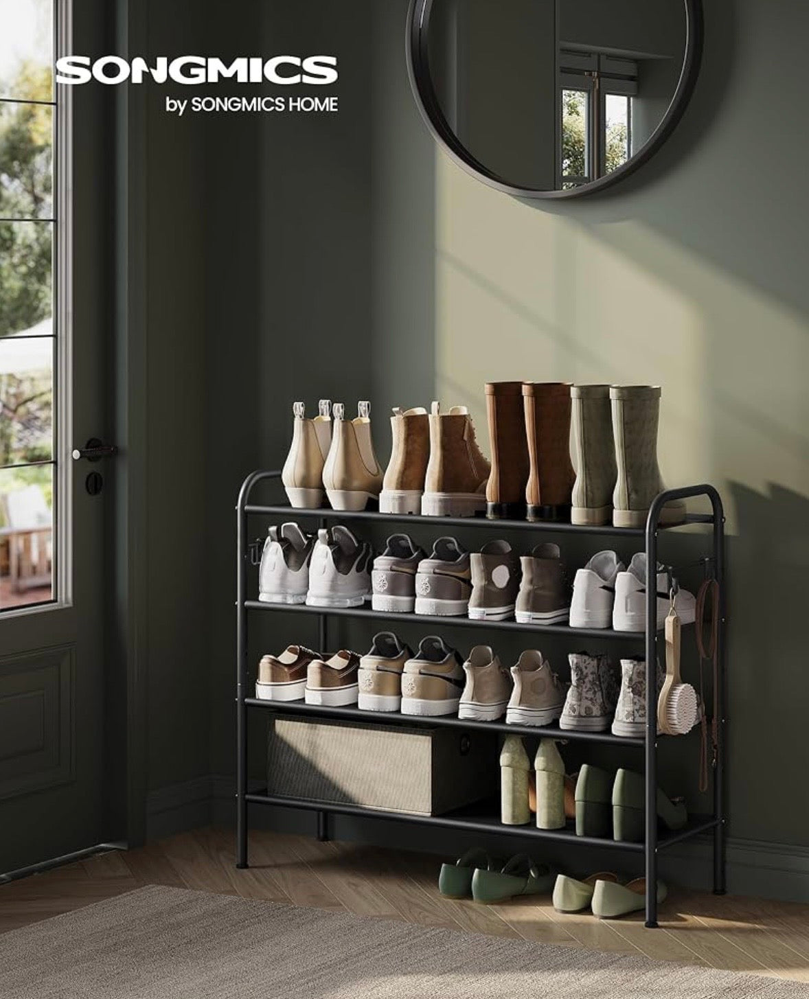 4-Tier Adjustable Shoe Rack with Side Hooks