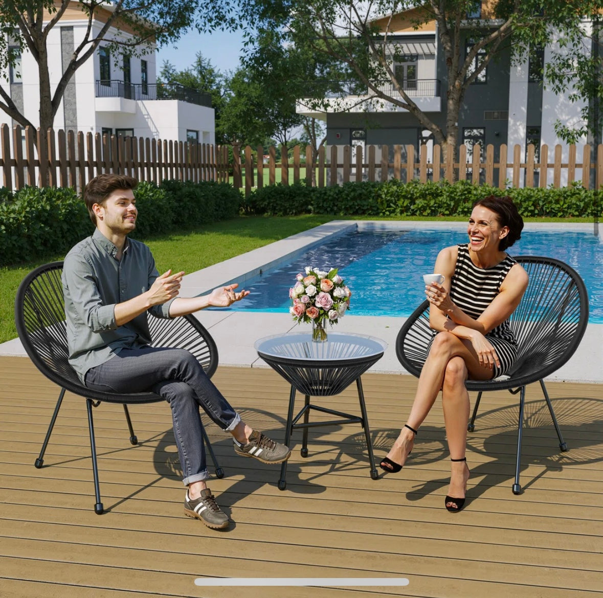 3-Piece Rattan Patio Bistro Set – Acapulco-Style Chairs with Glass Table (Black & Grey)