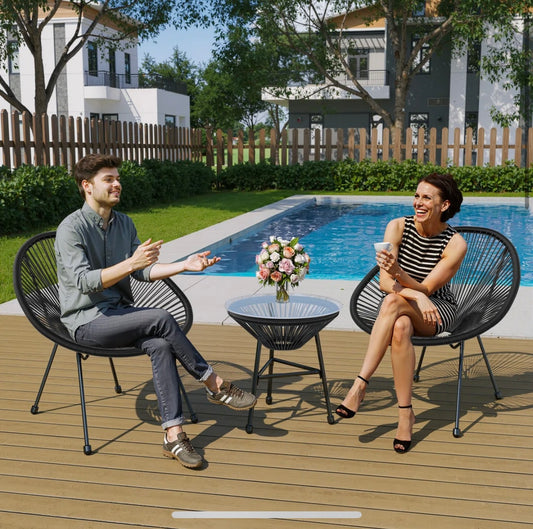 3-Piece Rattan Patio Bistro Set – Acapulco-Style Chairs with Glass Table (Black & Grey)