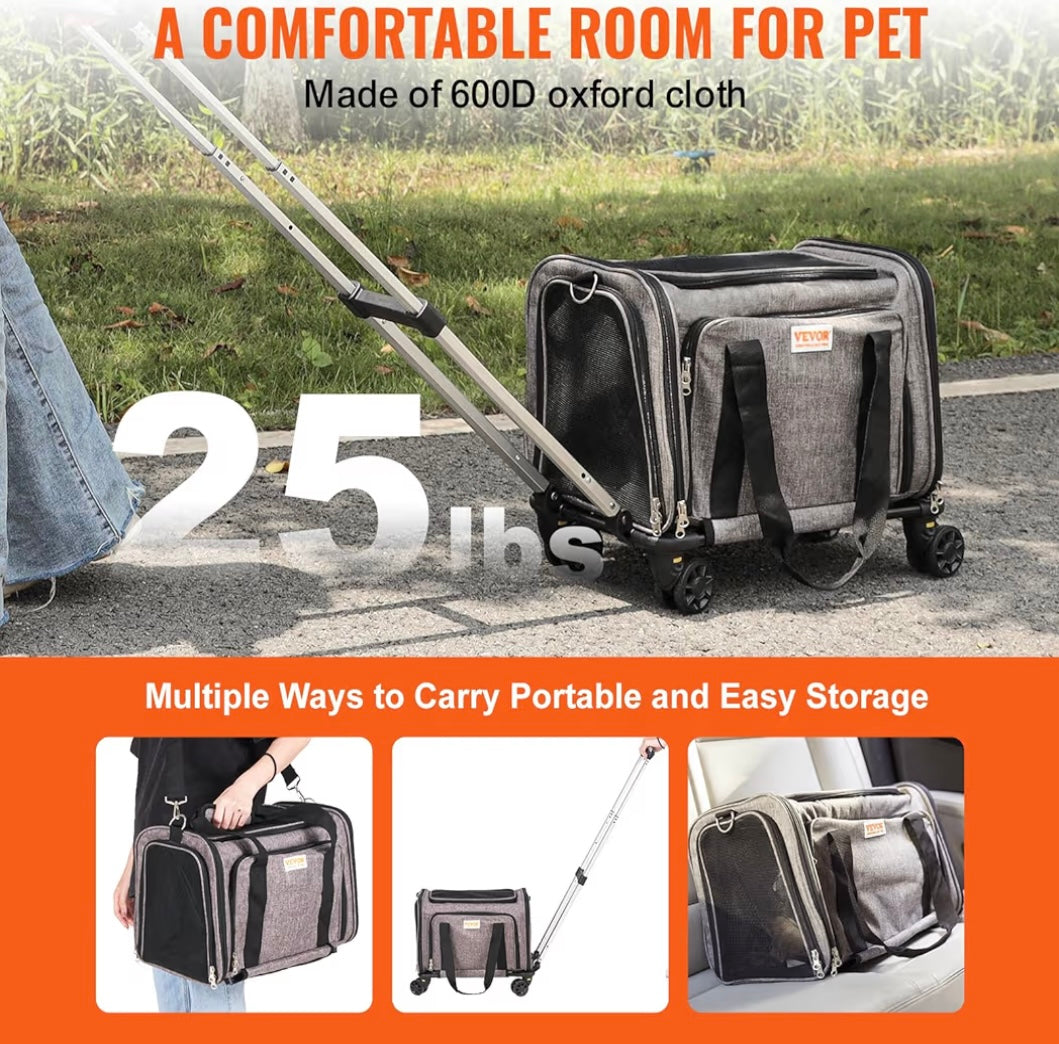 VEVOR Airline-Approved Rolling Pet Carrier — Expandable Cat & Small Dog Travel Bag (Grey)