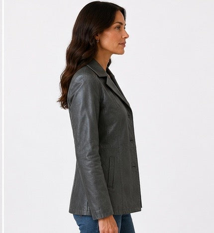 Women’s Tailored Grey Leather Jacket – Size XS