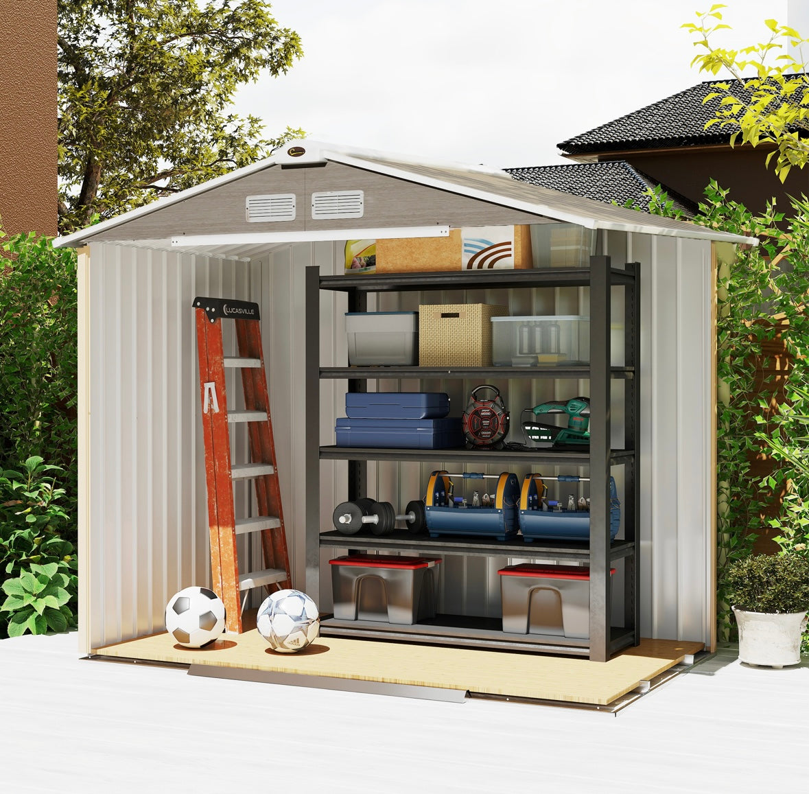 7×4 ft Outdoor Metal Storage Shed — Galvanized Steel Waterproof Garden Tool Shed with Foundation Kit (Classic Grey)