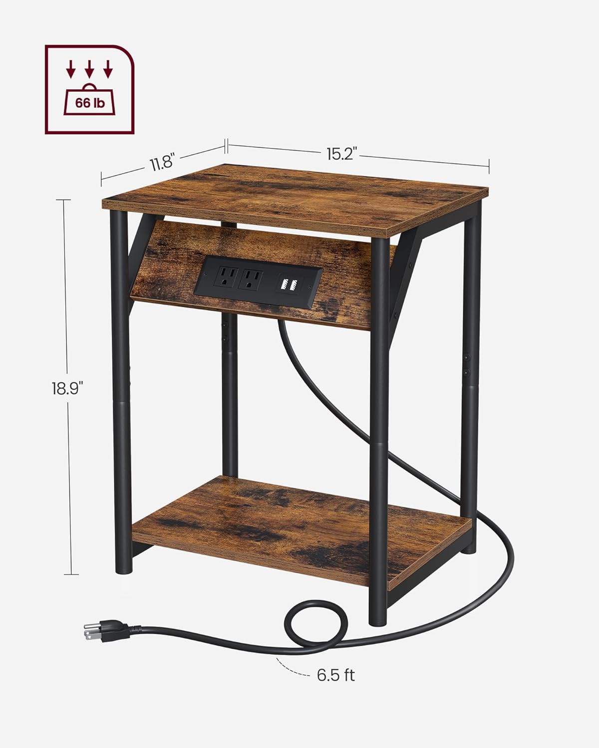 VASAGLE Side Table with Charging Station – Rustic Brown + Black