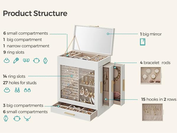 SONGMICS Jewelry Organizer with Interchangeable Drawers & Mirror