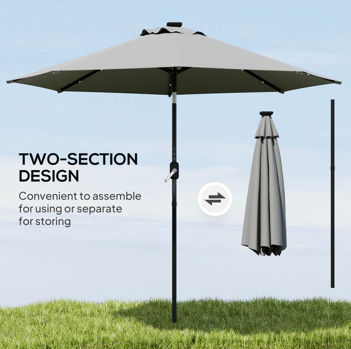 Outsunny 9ft Solar LED Patio Umbrella – 24 Lights | Tilt & Crank | Water-Resistant Canopy | Steel Frame