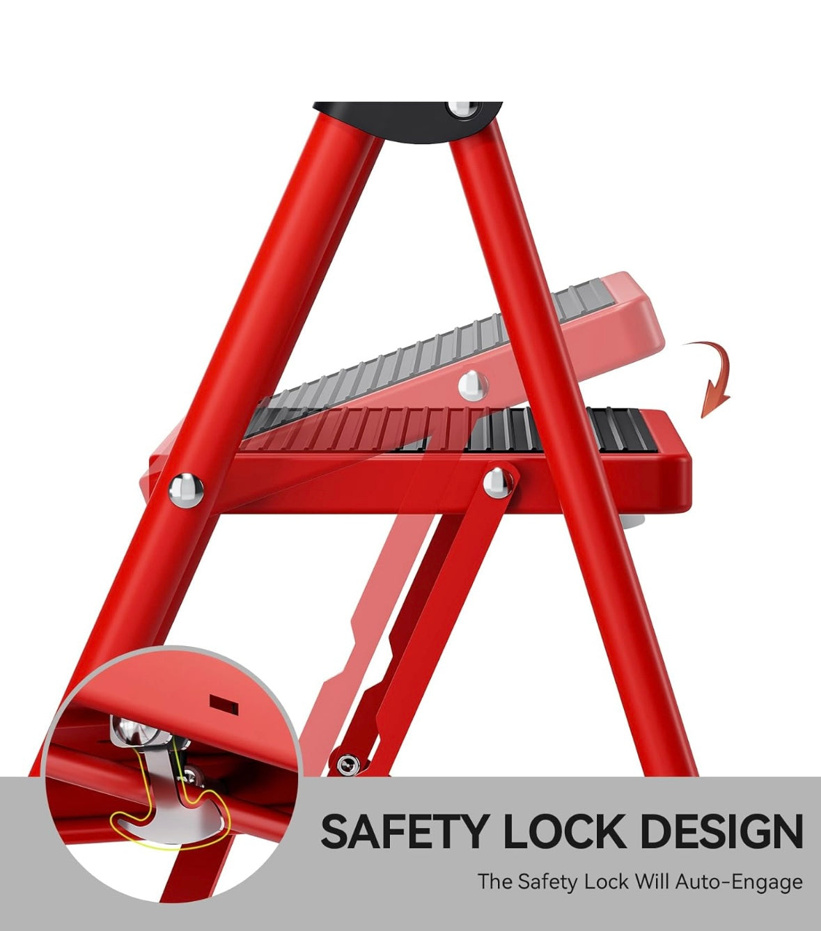 NEW – KINGRACK 3-Step Folding Ladder with Handrail – Red Steel Frame