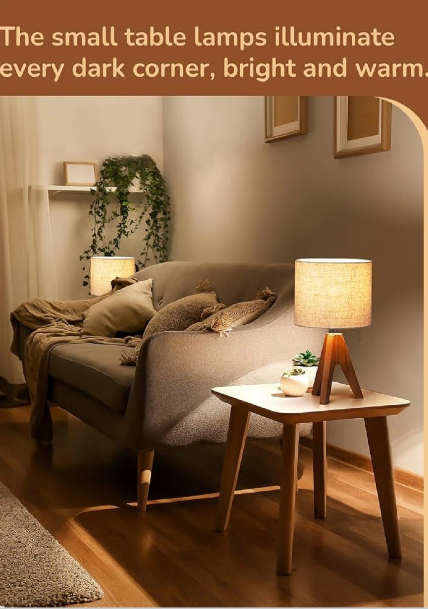 EDISHINE Wooden Tripod Table Lamp with Linen Shade- 2 pack