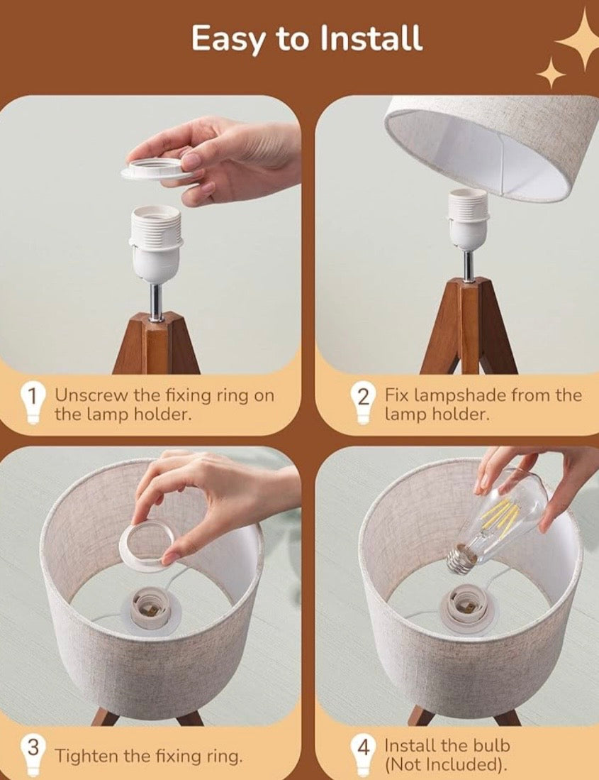 EDISHINE Wooden Tripod Table Lamp with Linen Shade- 2 pack