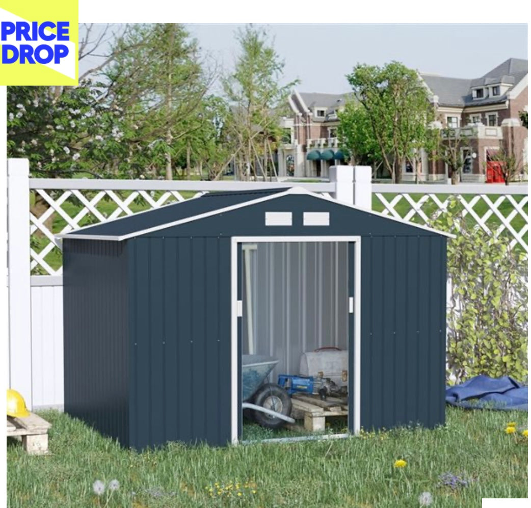Outsunny 9x6 FT Metal Outdoor Storage Shed with Sliding Doors & Air Vents (Grey Steel)