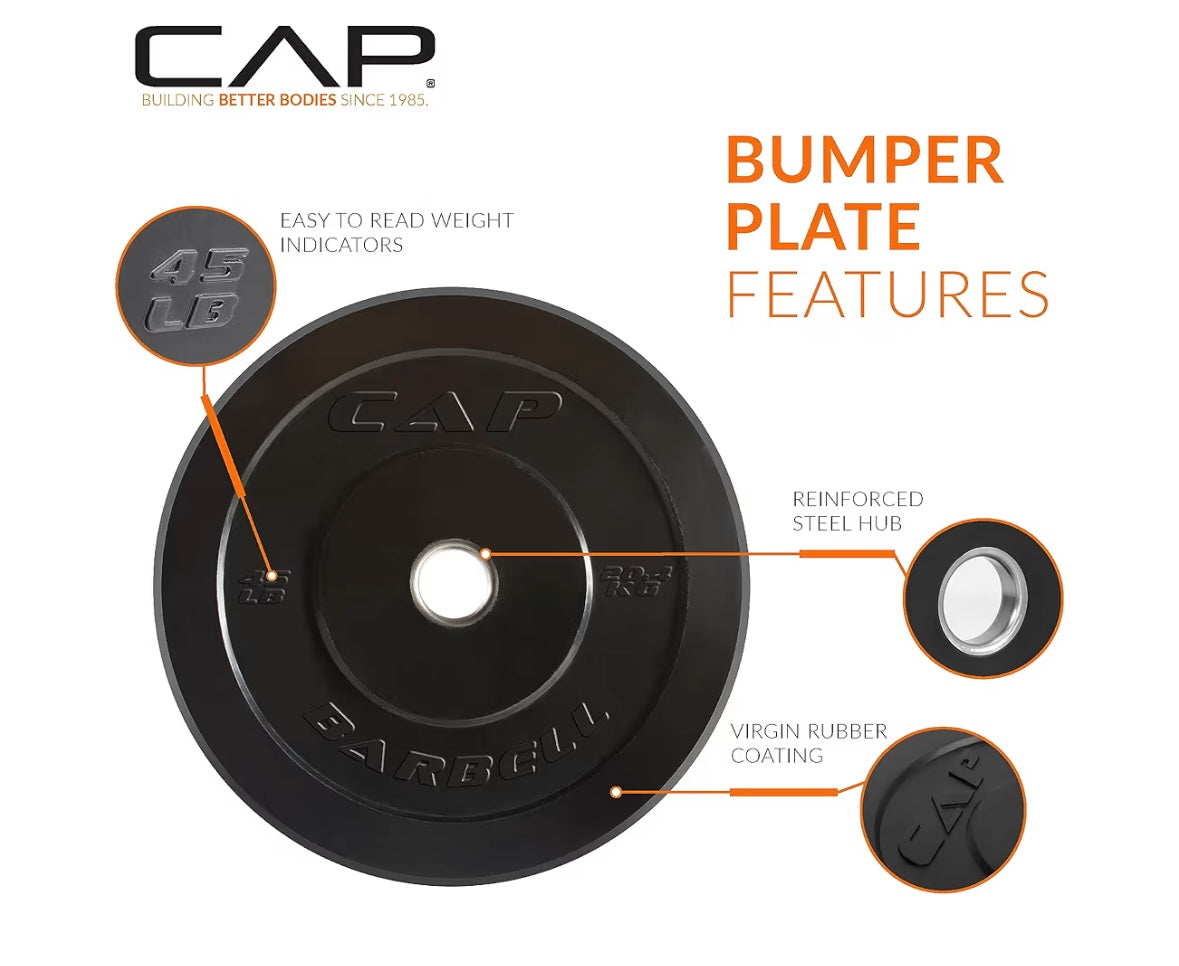 🏷️ CAP Barbell 45 lb Olympic Bumper Plate — Rubber-Coated Cast Iron Weight Plate (Black)