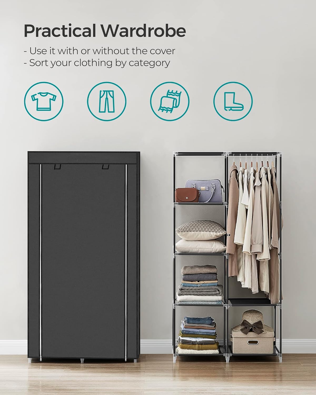 SONGMICS 2-Tier Portable Fabric Wardrobe Closet – Ink Black
