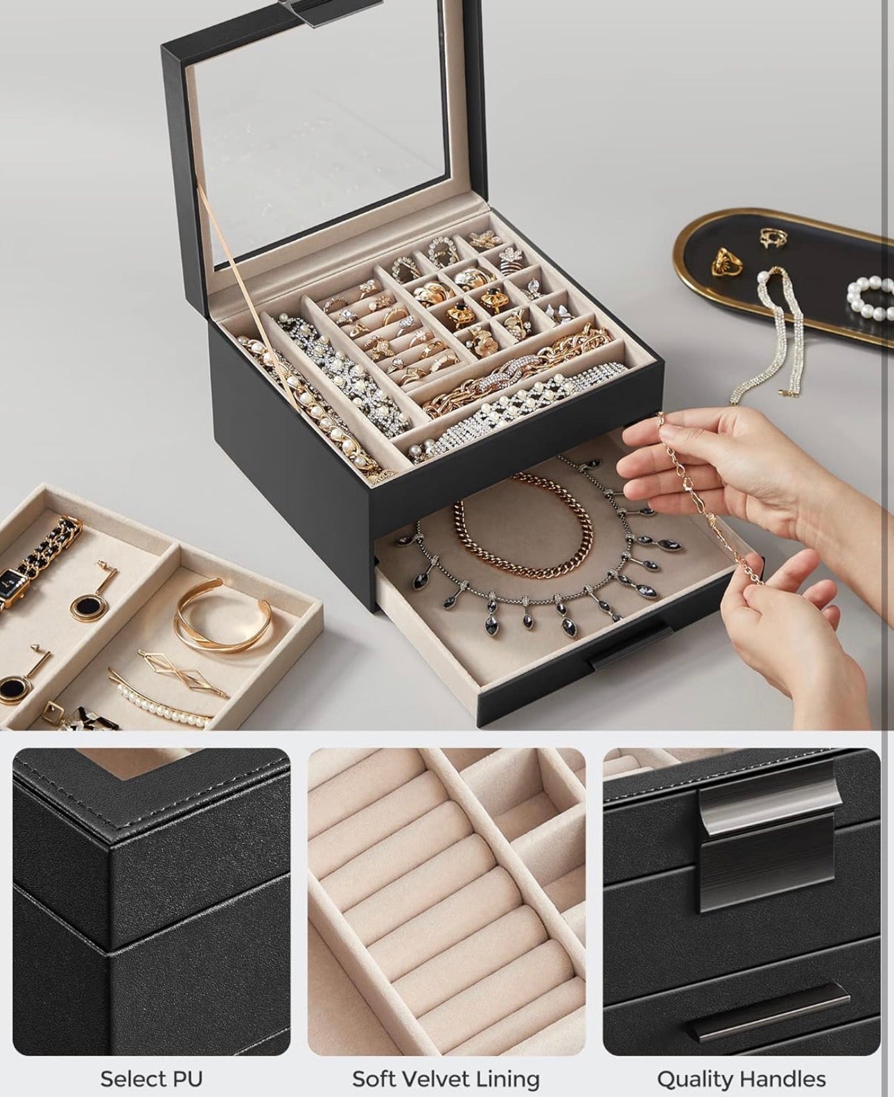 SONGMICS 3-Layer Jewelry Box Organizer with Glass Lid