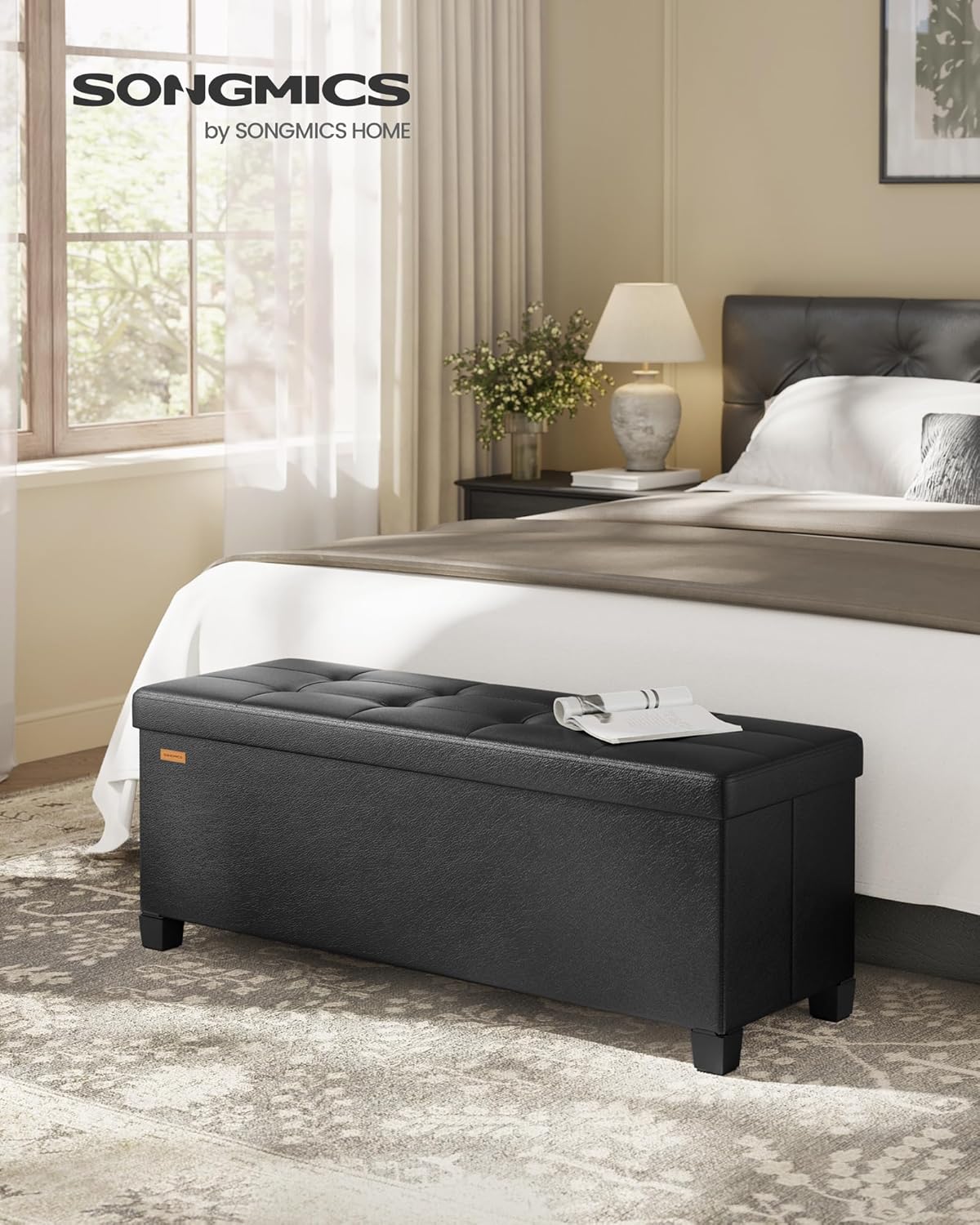 SONGMICS Foldable Storage Ottoman Bench – Ink Black (110 cm)