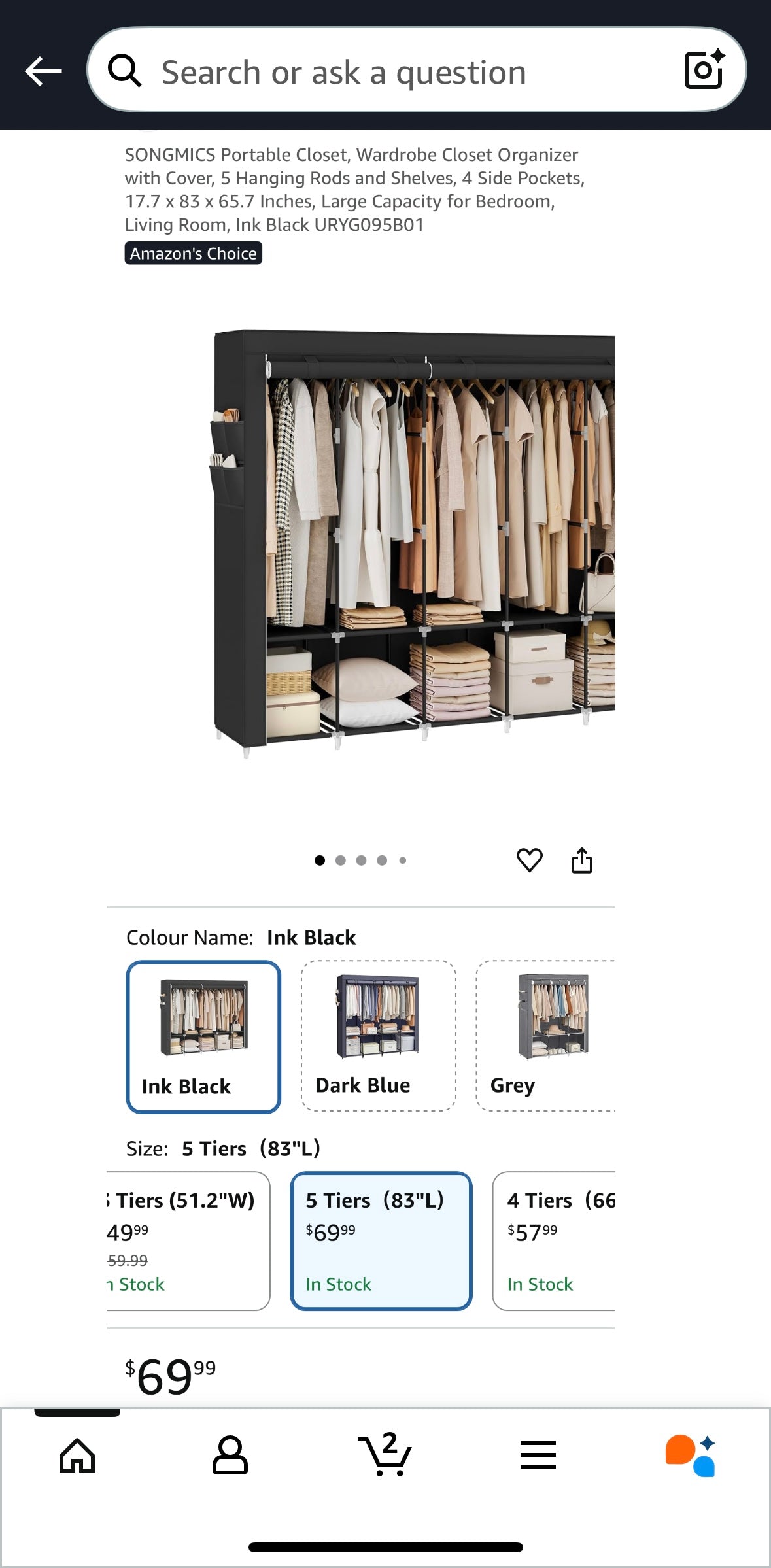 SONGMICS 5-Tier Portable Closet Organizer – Ink Black