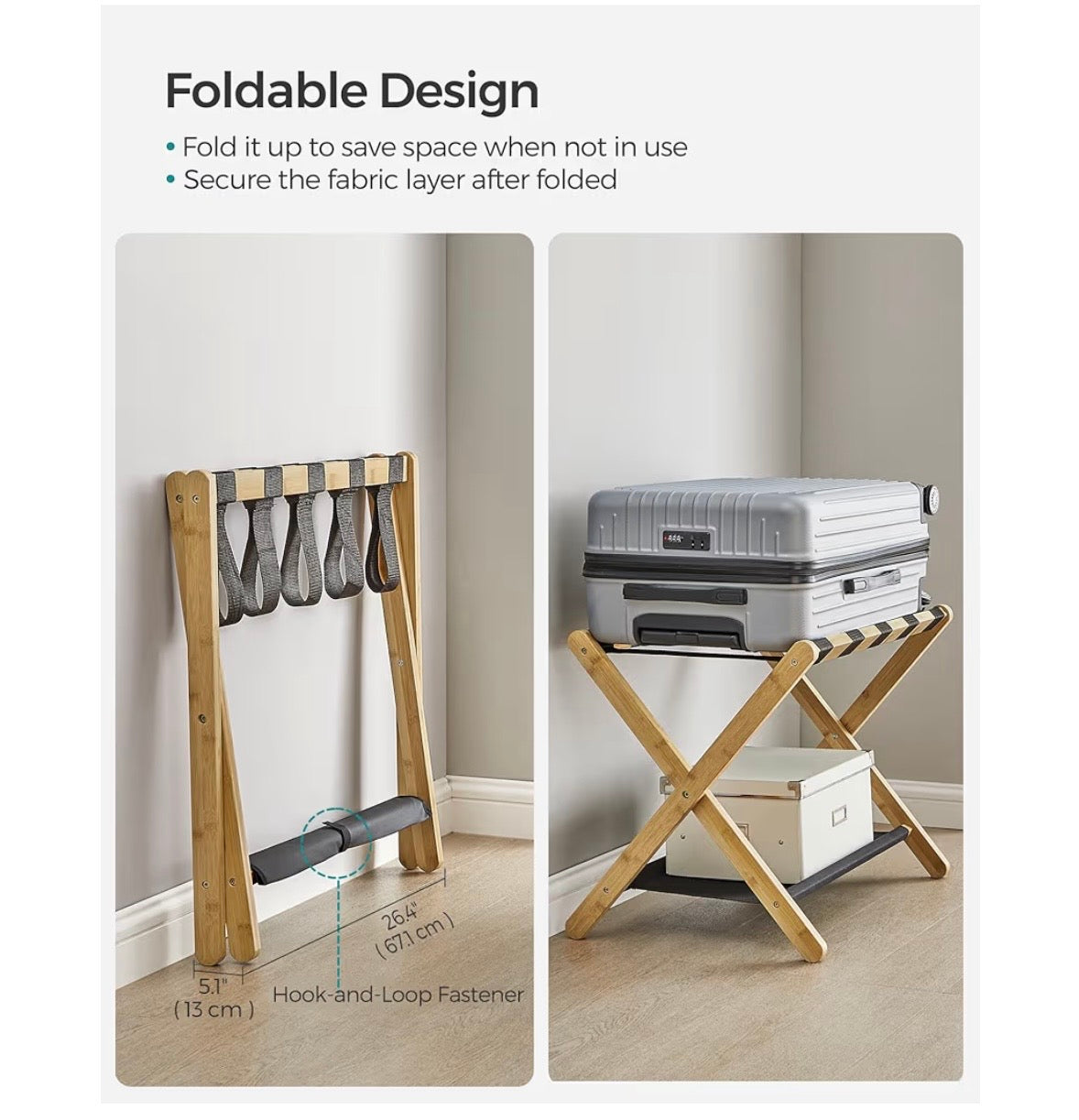 SONGMICS Bamboo Luggage Rack with Lower Storage Shelf - Natural Beige