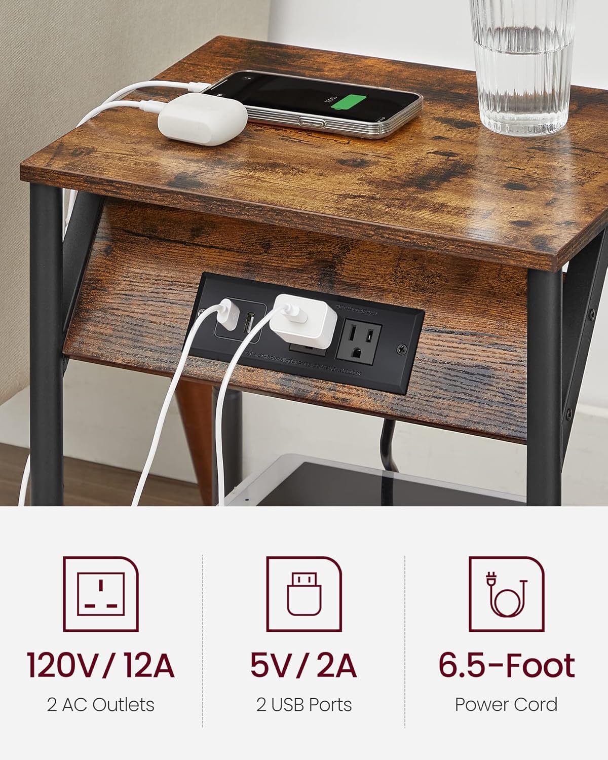 VASAGLE Side Table with Charging Station – Rustic Brown + Black
