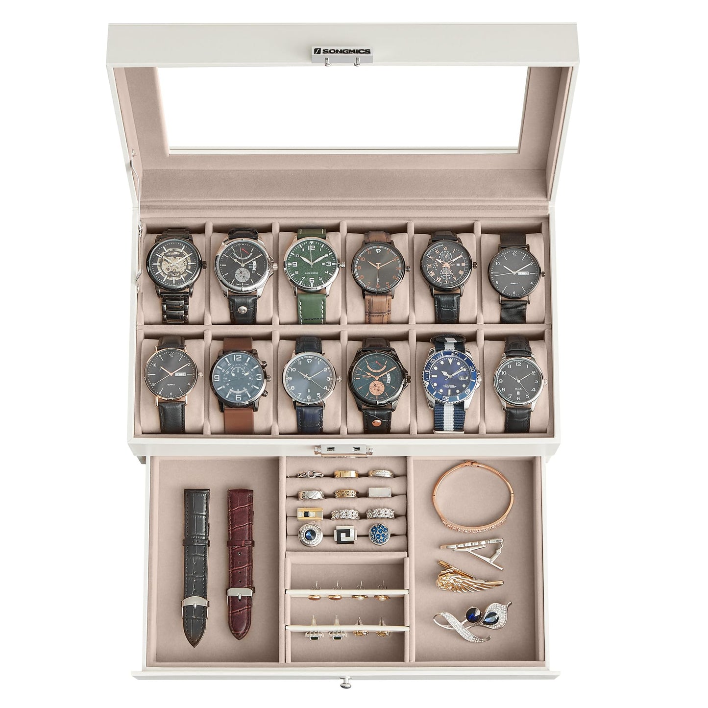 12-Slot Watch Box with Jewelry Drawer