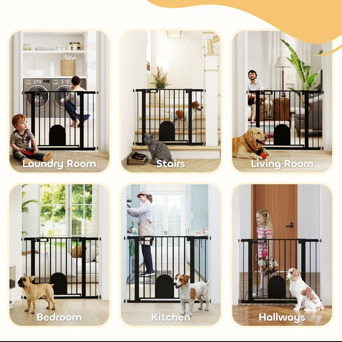 Extra-Wide Pet Gate with Small Door – Auto-Close, Double Lock, Pressure Mount