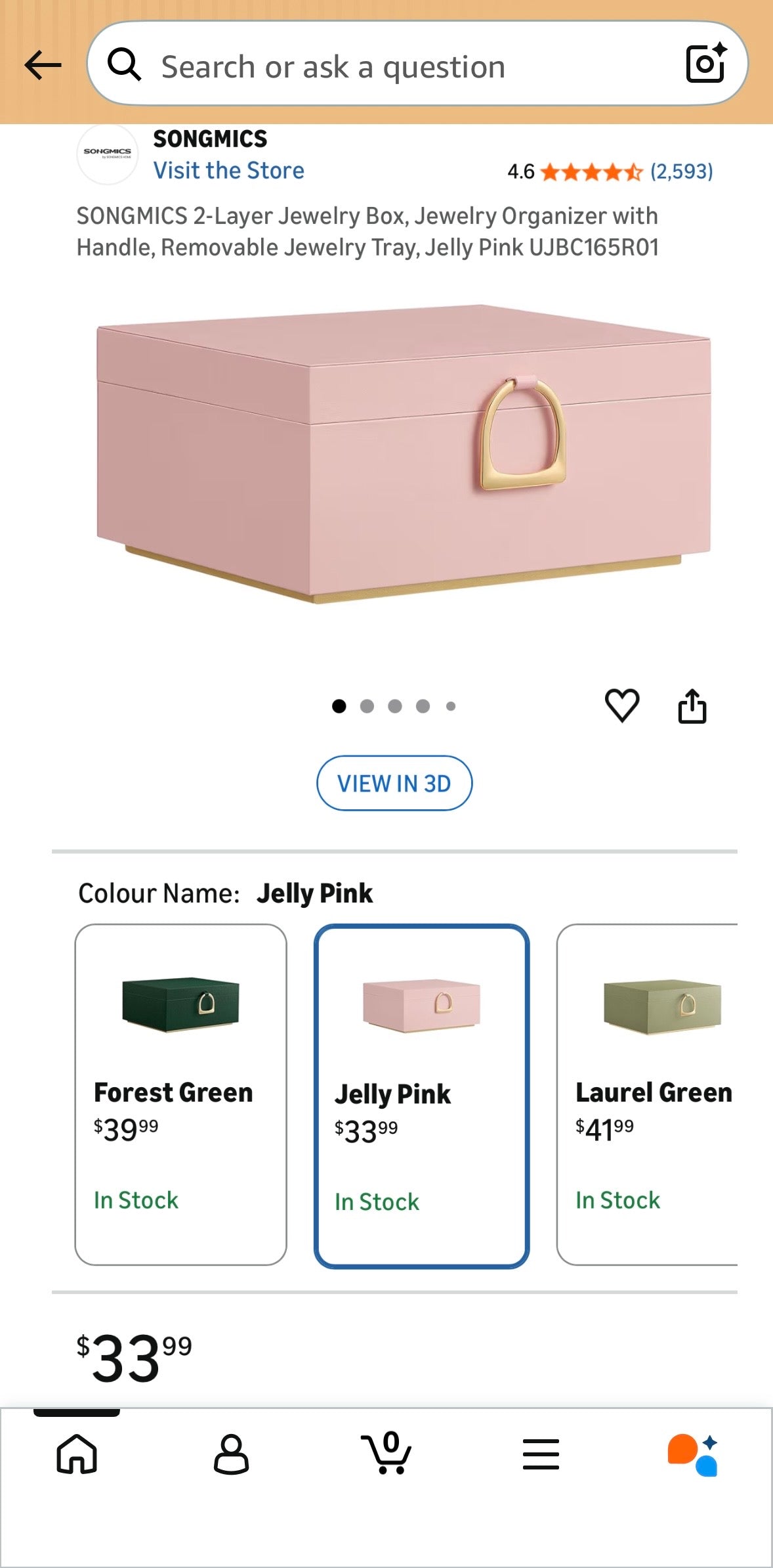 SONGMICS Elegant Jewelry Box – Jelly Pink & Gold