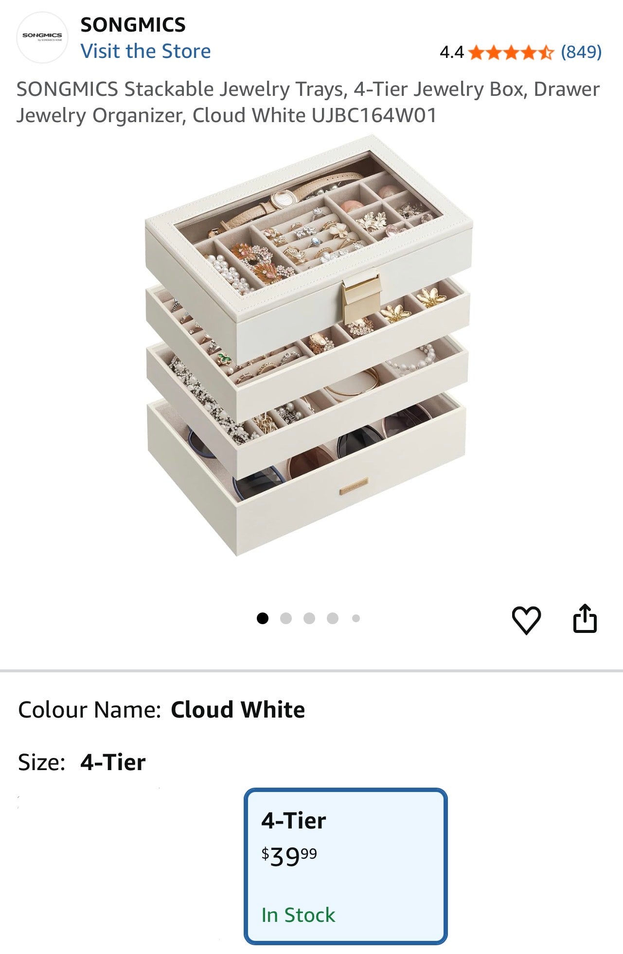 SONGMICS 4-Layer Stackable Jewelry Organizer Box