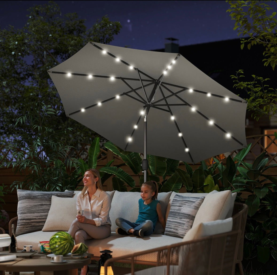 Outsunny 9ft Solar LED Patio Umbrella – 24 Lights | Tilt & Crank | Water-Resistant Canopy | Steel Frame