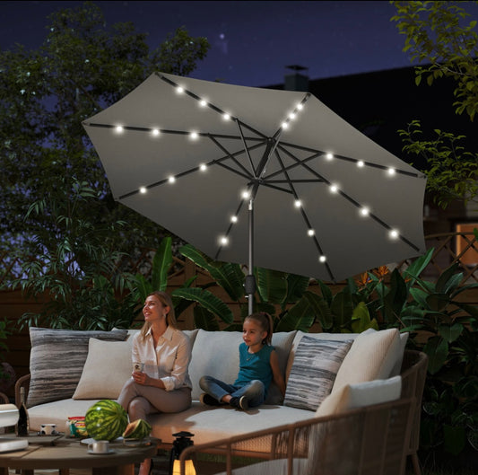 Outsunny 9ft Solar LED Patio Umbrella – 24 Lights | Tilt & Crank | Water-Resistant Canopy | Steel Frame