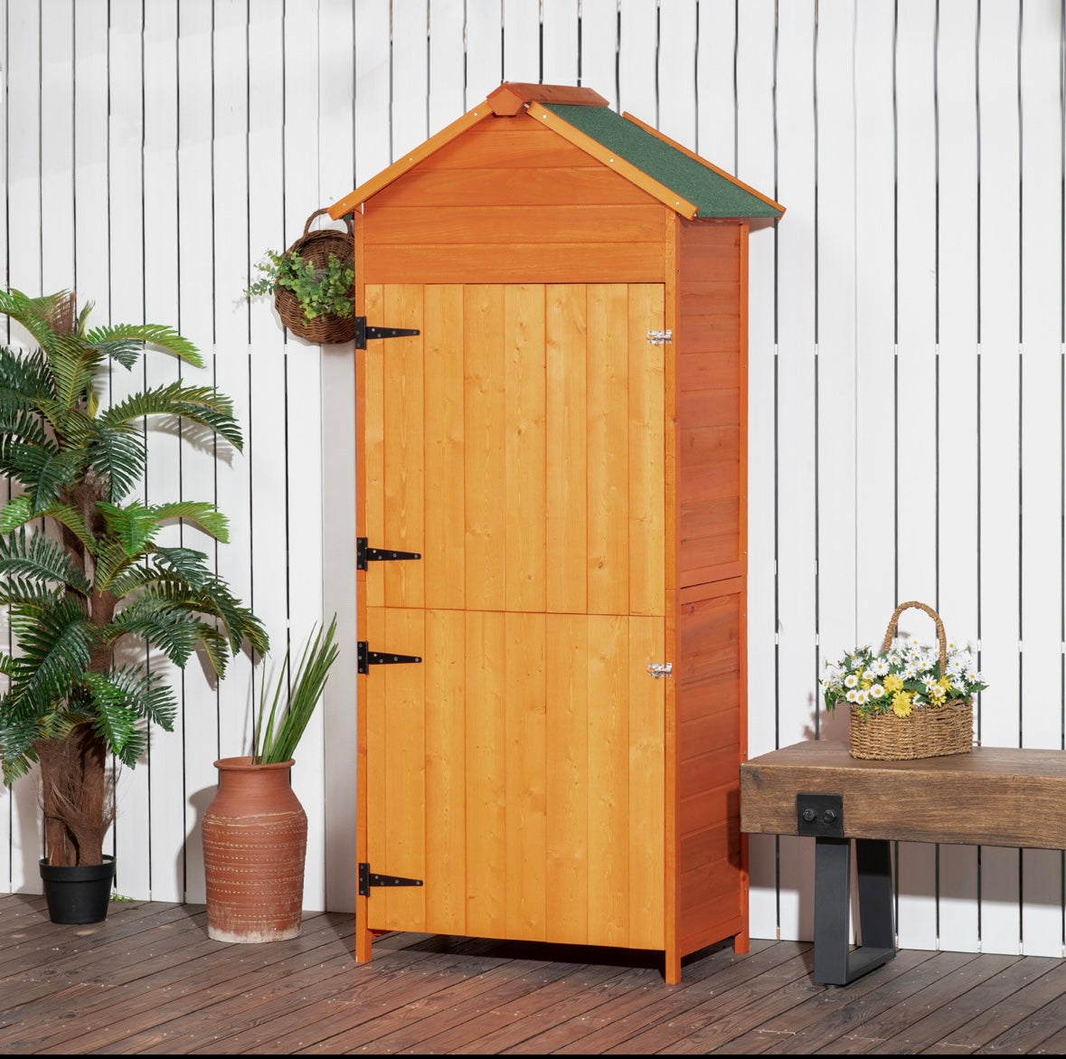 Outsunny Wooden Outdoor Storage Shed – 3 Shelves | Waterproof Fir Wood | Lockable Double Doors | Natural Finish